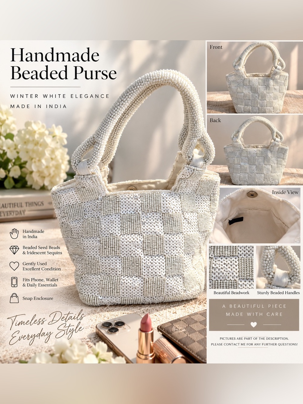 Handmade in India Winter White Beaded Sequin Handbag Purse